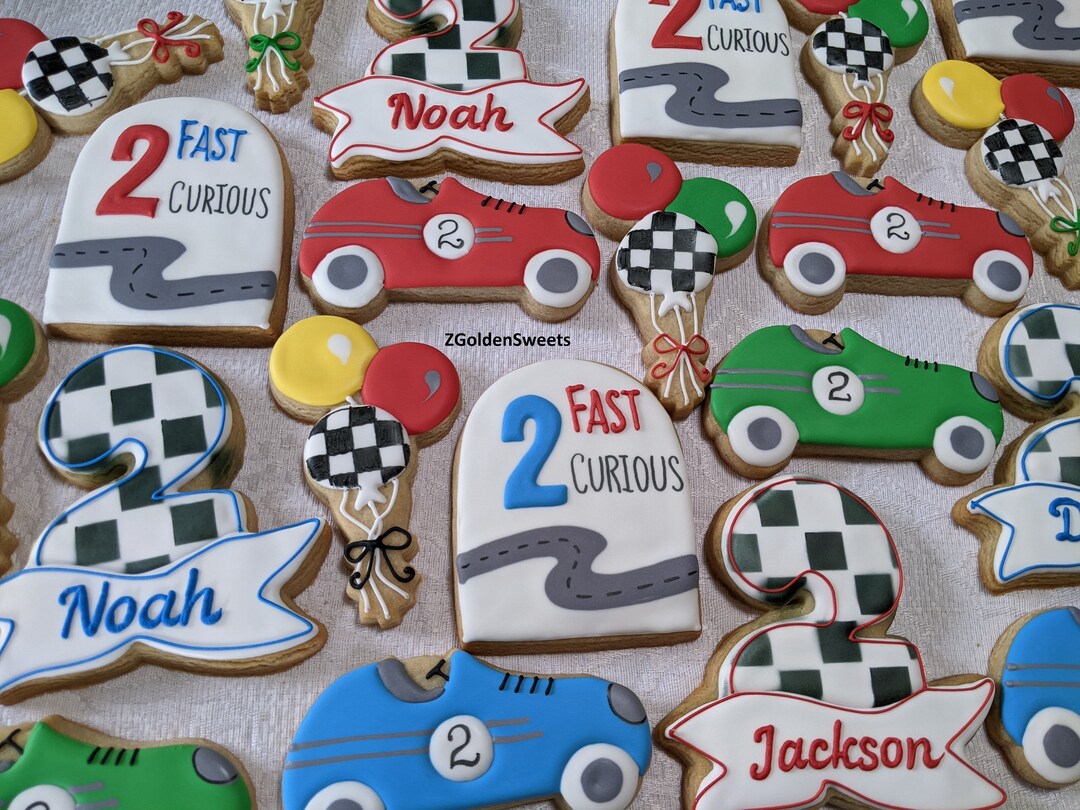 Custom Cookies Two Fast Two Fast 2 Curious Vintage Racing Car Birthday Boy 24 Decorated Cookies ...
