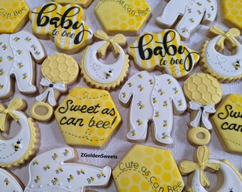 24 Bee theme baby shower decorated cookies, Baby to Bee Sweet as can bee Honeycomb gender neutral party favors, Welcome Little Bumble Bee.