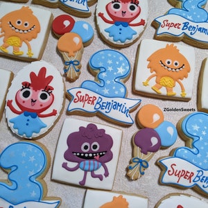 Super Simple Songs Characters 24 Personalized Third Birthday Boy Decorated Cookies, Super Simple Monsters Kid Any Age Birthday Party Favors,