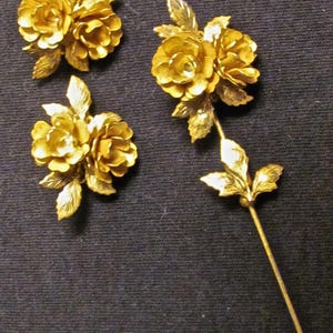 Vintage Stanley Hagler Gold Rose Stick Pin and Matching Earrings