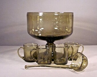 Vintage MCM Glass Punch Bowl Set Sage Green Controlled Bubble Glass Punch Bowl Set Glass Ladle 4 Mugs HEAVY GLASS