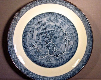 Rare Blue OMC Arita Japan Embossed Plate/Charger Blue and White LOTUS BAMBOO All Original Stickers On Back