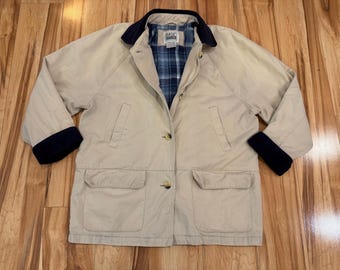 Chaqueta vintage beige de granero de los años 90 con forro a cuadros azules y cuello y puños de pana azul marino / Ediciones básicas