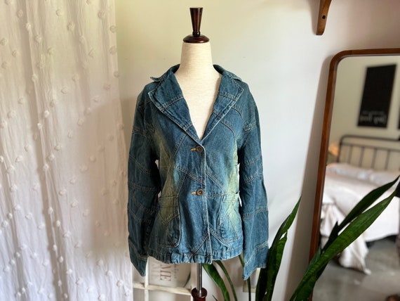 L Vintage 1990s y2k Medium Wash Denim Patchwork Blazer Jacket Jennyfer J Etsy