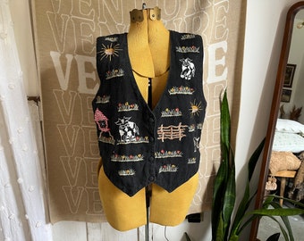 S - gilet gilet brodé ferme vintage des années 1990 avec des vaches, des cochons et des fleurs | De nouvelles orientations