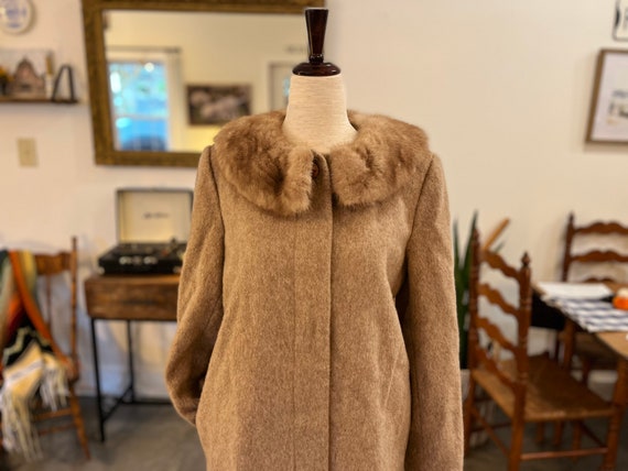 S Vintage 1970s Mink Fur Collar Wool Long Coat ILGWU International