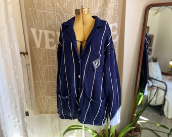 M- Vintage 1990s Lauren by Ralph Lauren Navy and White Pinstriped Cardigan Sweater with Embroidered Logo