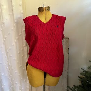 S- Vintage Polo by Ralph Lauren Red Cable Knit Sweater Vest with Navy Logo