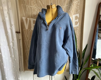 2XL- Vintage 1990s Polo by Ralph Lauren Blue Quarter-zip Sweatshirt with Brown Logo