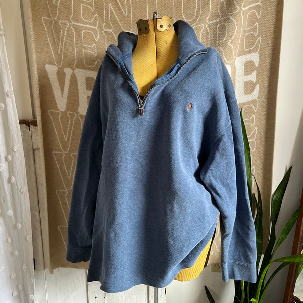 2XL- Vintage 1990s Polo by Ralph Lauren Blue Quarter-zip Sweatshirt with Brown Logo