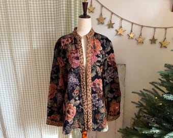 L- Vintage 1990s Floral and Leopard Print Trim Tapestry Lightweight Jacket | Jessica Howard
