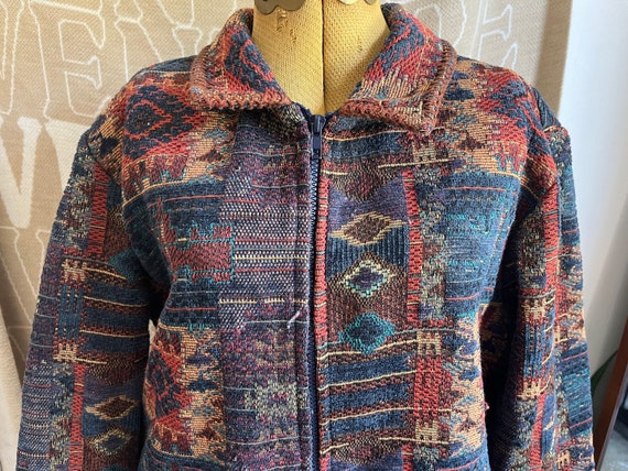 Vintage Western Aztec geometric jacquard zip-up knit sweater