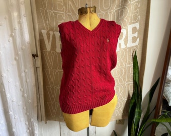 Polo Ralph Lauren vintage des années 1990, gilet en tricot torsadé rouge