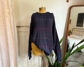 XL- Vintage 1990s Checked/Plaid Cable Knit Grandpa/Dad Pullover Sweater | Roundtree & Yorke
