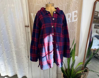 L- Vintage 1980s Navy and Maroon Plaid Fleece Button-down Shirt Jacket/Shacket with Collar | Mountain Lake