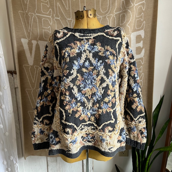 M- Vintage 1990s Floral Embroidered Chunky Knit Distressed Sweater | Crystal-Kobe