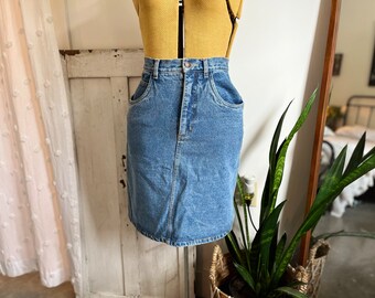 26”- Vintage Medium Stone Wash High Waisted Mid Length/Midi Denim Skirt | Northwest Blue Company