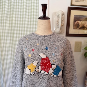 S- Vintage 2000s Christopher & Banks Polar Bears Wearing Colorful Sweaters with Stars Embroidered Appliqué Rollneck Pullover Sweater