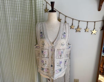 L- Vintage Y2K Purple, Pink, and Blue Floral Cotton and Linen Blend Patchwork Button Down Vest | Tantrums