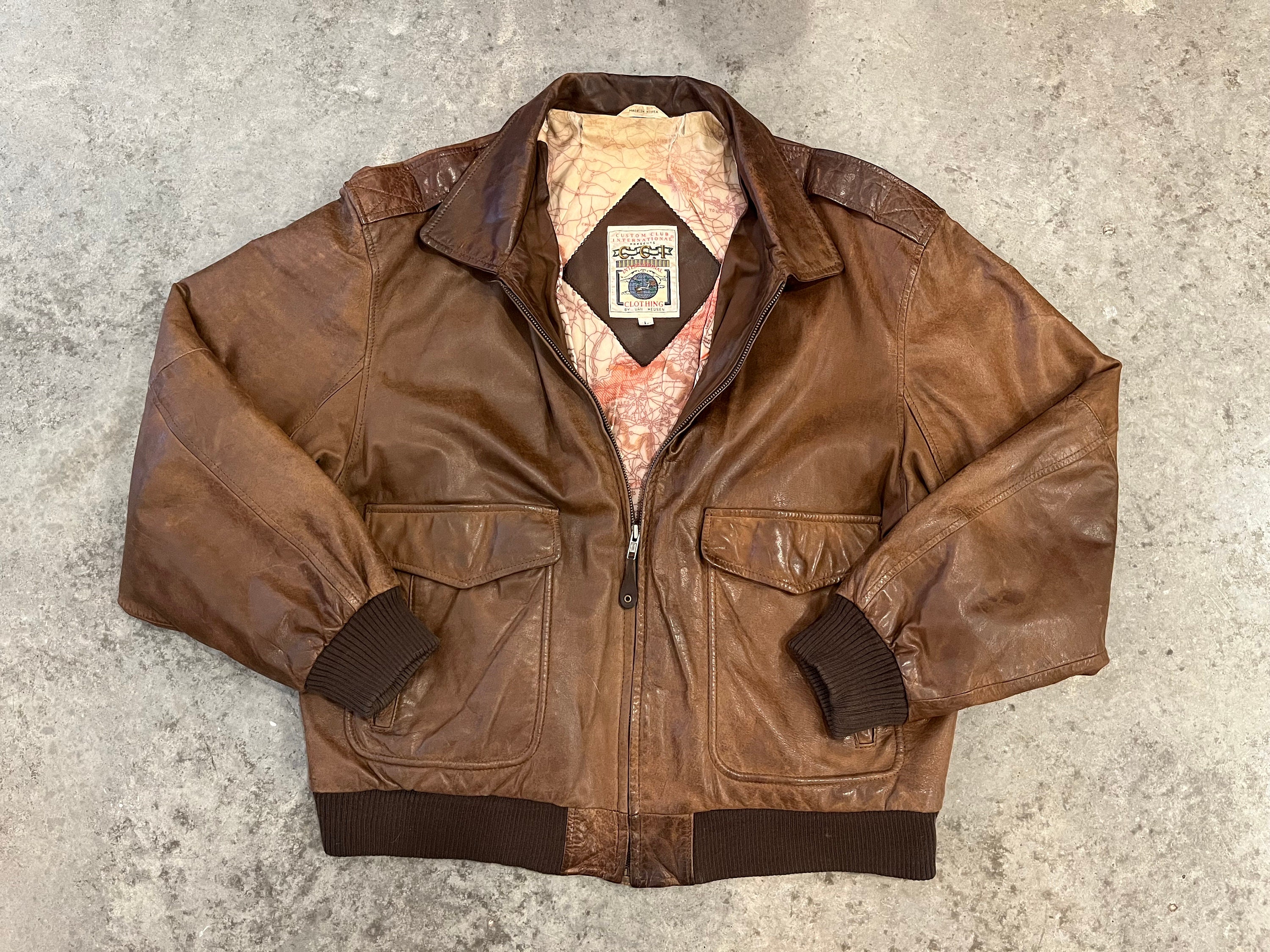 L Vintage 1980s 100% Genuine Leather Map Lining Bomber Jacket 
