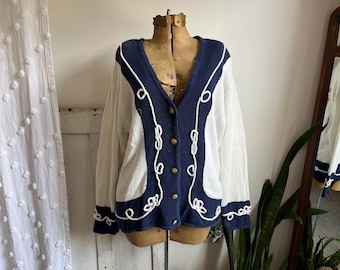 XL- Vintage 1995 Nautical Anchor, Life Saver, and Sailor Hat Rope Embroidered Cardigan Sweater | Susan Bristol