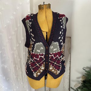 M- ヴィンテージ 1990 年代 ステッチ パッチワーク フロント、花柄バック カーディガン セーター ベスト | Cambridge Country Store