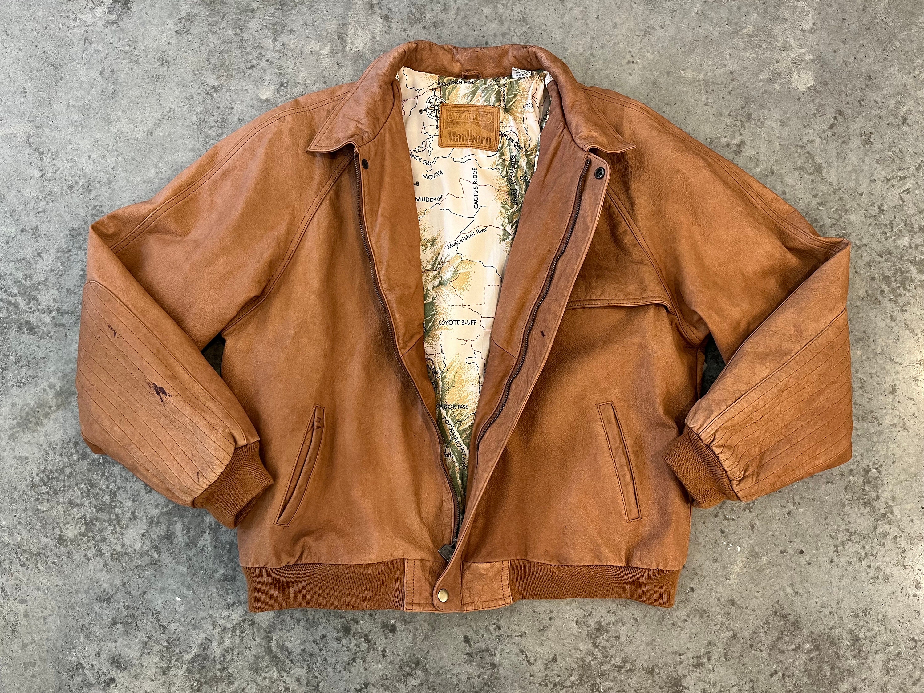 L- Vintage 1980s Marlboro 100% Genuine Leather Map Lined