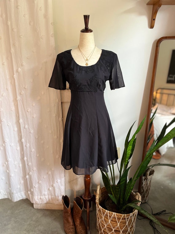 M Vintage 1980s Floral Beaded Bust Flowy Evening formal Black Mini Dress Molly Malloy Evening Petite Etsy