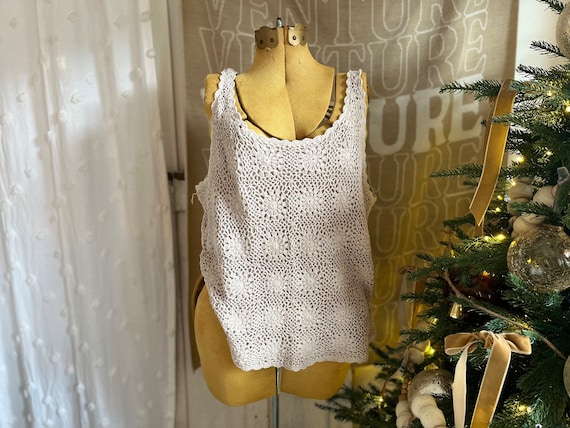 XL- Vintage 1990s Crochet Floral Tank Top | White… - image 1