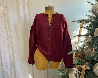 M- Vintage 1980s Woolrich Fair Isle Pattern Fall Foliage Leaves Trim Cardigan Sweater