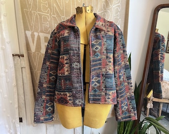 XL- Vintage Southwestern/Western Aztec Print Cropped Zip-up Bomber Tapestry Style Jacket | Rough Rider