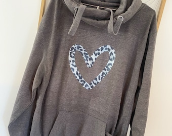 Leopard heart print cowl neck hoodie| Crossover Hoodie | Cowl neck hoodie|