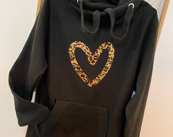 Leopard heart print cowl neck hoodie| Crossover Hoodie | Cowl neck hoodie|