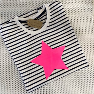 Women’s Breton Stripe T-Shirt | Neon Lightening Bolt T-Shirt | Breton Stripe T-Shirt with Neon Lightening Bolt | Navy and white stripe