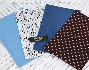 Pre-Cut Miniature Fabrics 2 Tiny pattern and 2 Denim a Bundle of Cotton Fabrics 4 colors Set for dollhouse, doll dress miyonidoll