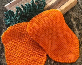 2 Orange Carrot Shaped Kitchen Dish Cloths - Hot Pads/Trivits - Light-Weight Pot Holders - Spring/Summer Decor. Hand Knitted. Poly Blend.