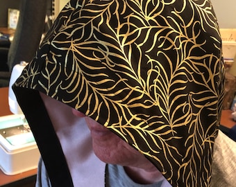 Handmade Grounding & EMF Shielding Festival Hood. Black w/Gold Flowing Vines. Bamboo and Silver Conductive Fabric. Comes with earthing cord.