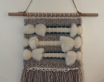 Handwoven Wall Hanging, Modern Fiber Art, Wool and Acrylic Blend Yarns, Blues/Gray/Off White. 8x15