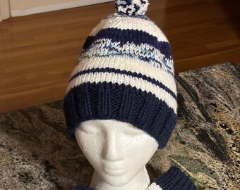 Handmade Set ... Knitted Hat and Matching Finger-less Gloves. Blues and White. Teens/Average Size Adults. Colorful, Warm, and Cozy.