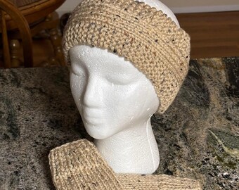 Handmade Set ... Knitted Headband/Ear-Warmer and Finger-less Gloves. Adult L/XL. Beige Heather. Acrylic Blend Yarn. Washable.