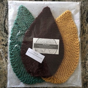 Set of 3 Leaves/Leaf-Shaped Kitchen Dish Cloths - Hot Pads/Trivits - Light-Weight Pot Holders - Summer/Fall Decor. Hand Knitted. Poly Blend.