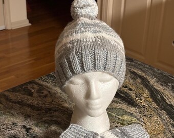Handmade Set ... Knitted Hat and Matching Finger-less Gloves. Grays and White. Warm and Cozy. Sized to fit Teens to Average Size Adults.