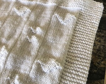 Handcrafted Knitted BLANKET-THROW. Baby/Youth. Washable. Made w/Acrylic Yarn to hold size/shape. 35" x 24" White. Gender Neutral. Beautiful!