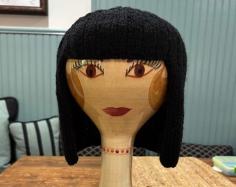 Adult L-XL Knitted Hair/Wig/Hat/Head-Cover/Chemo Cap. Black. Acrylic Yarn: holds shape/washable. 22-23" circumference. Handmade.