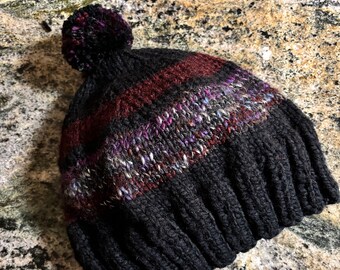 Handmade Set ... Knitted Hat and Matching Finger-less Gloves. Black with Burgundy/Grays/White. Fits Teens/Average Size Adult. Warm and Cozy.