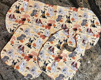 Baby Bib, Burp Cloth, & Wash Cloth. Gender Neutral. Playful Dog Pattern. Set/3. Handmade.