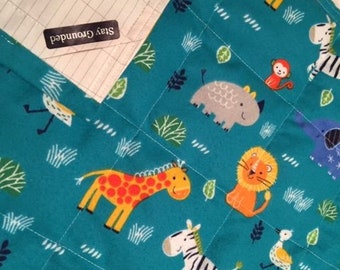 6 lb WEIGHTED GROUNDING/earthing BLANKET-Throw. Cotton Flannel & Cotton w/Silver Grid Fabric. Shielding. 30" x 39" Turquoise w/Zoo Animals.