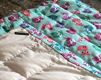 6 1/2 lb WEIGHTED GROUNDING/earthing BLANKET-Throw. Cotton Flannel & Cotton w/Silver Grid Fabrics. Shielding. 29.5" x 42" Turquoise w/Foxes.