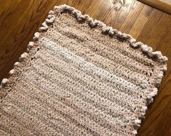Handmade Crocheted Baby Afghan/Blanket/Play Mat-Pad. Off White & Rose. Soft/Plush. Washable Acrylic Yarn. 30” x 43”