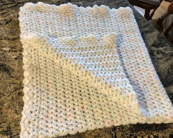 Handcrafted Crocheted BLANKET-THROW. Baby/Youth. Washable. Made w/Acrylic Yarn to hold size/shape. 38" x 31". White w/Pastels. Beautiful!